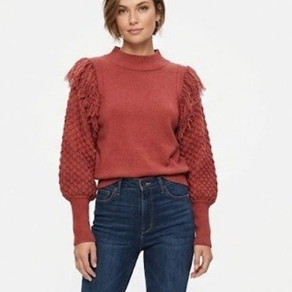 Dolan Womens Earthy Eclectic Bubble Sleeve Fringe Sweater XS Rust Red Pullover